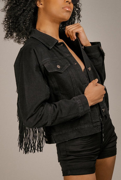 Emmeline Tassel Denim Jacket in Black Little Black Pistol